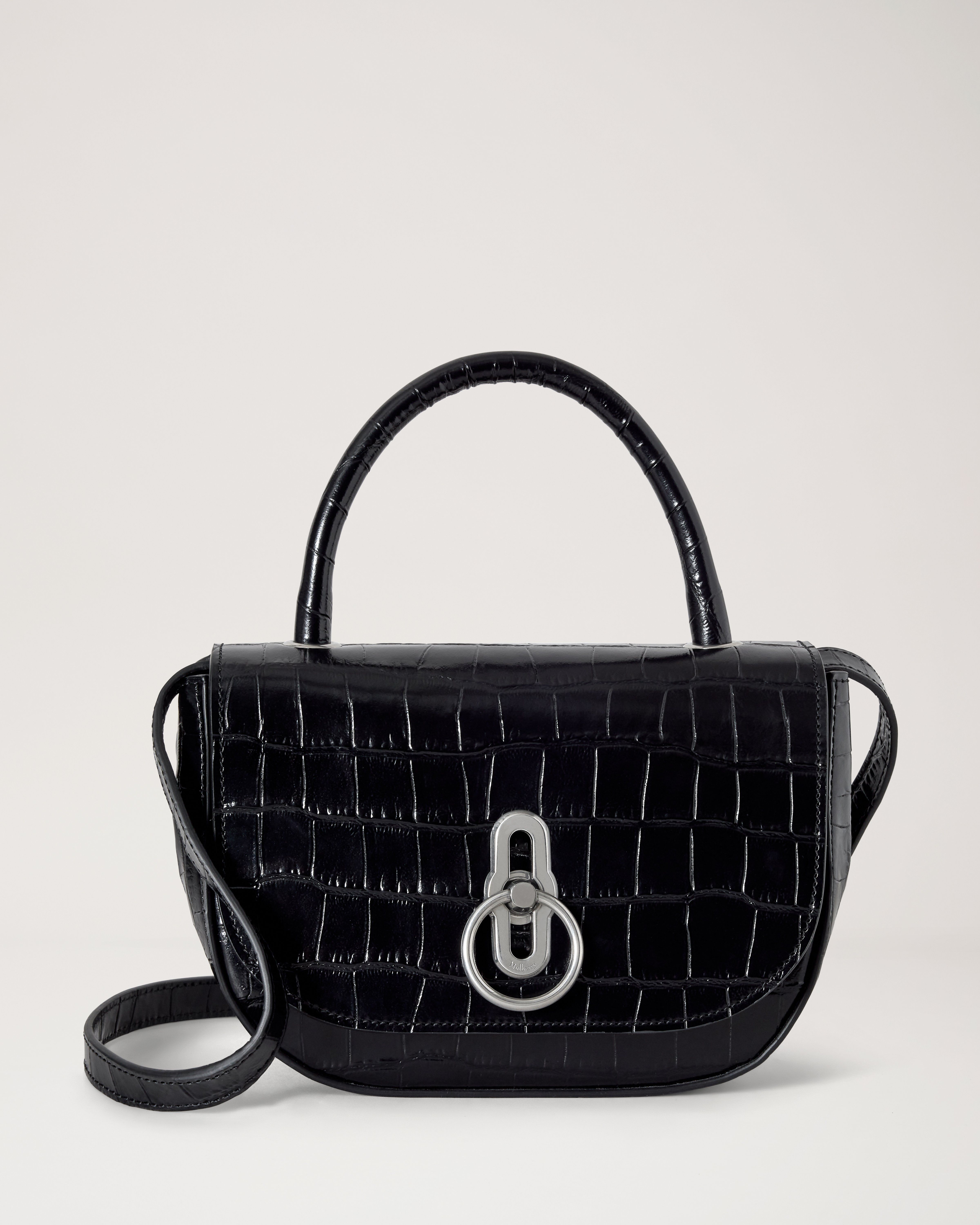 Mulberry | Small Amberley Top Handle | Black Shiny Small Croc