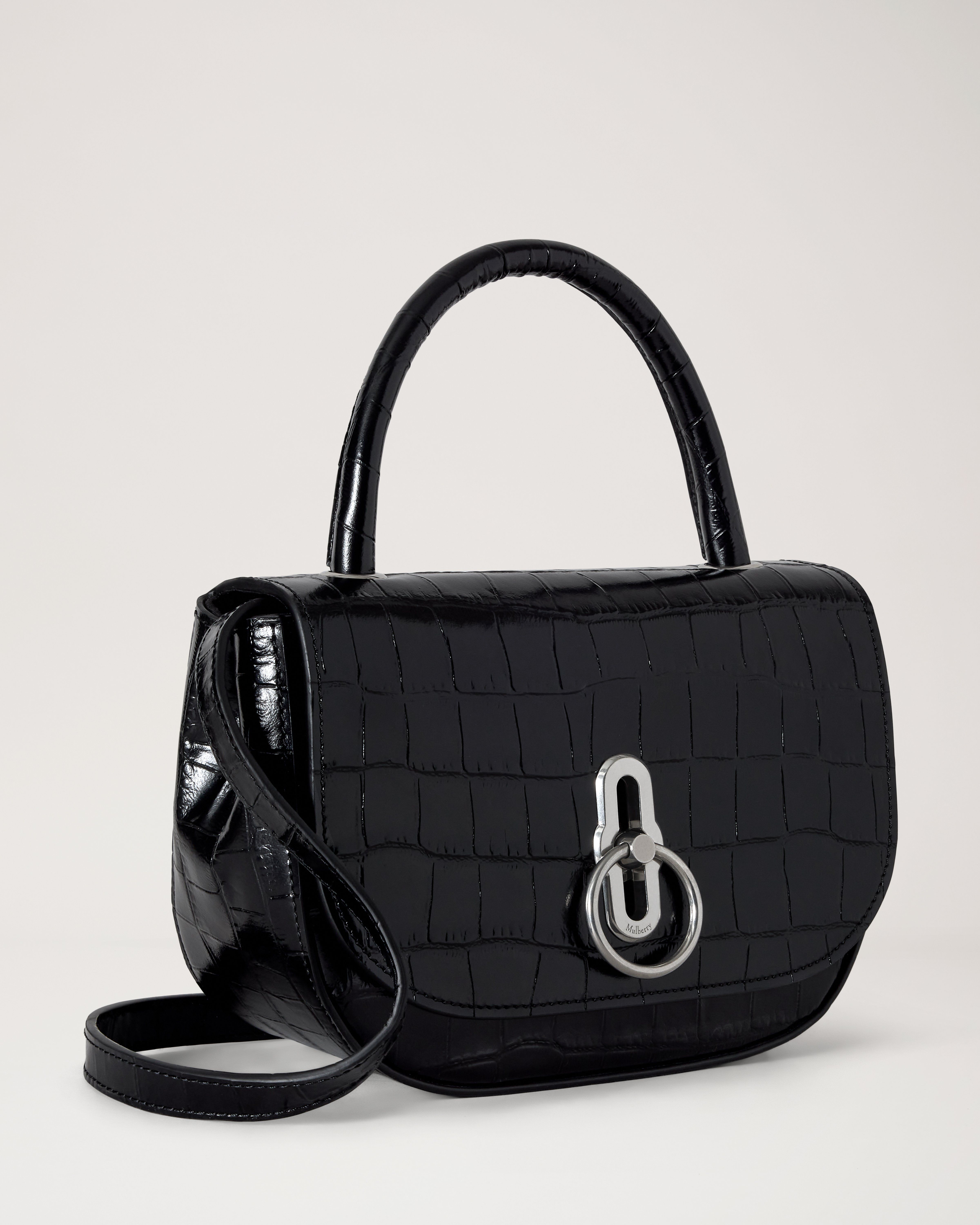 Mulberry | Small Amberley Top Handle | Black Shiny Small Croc