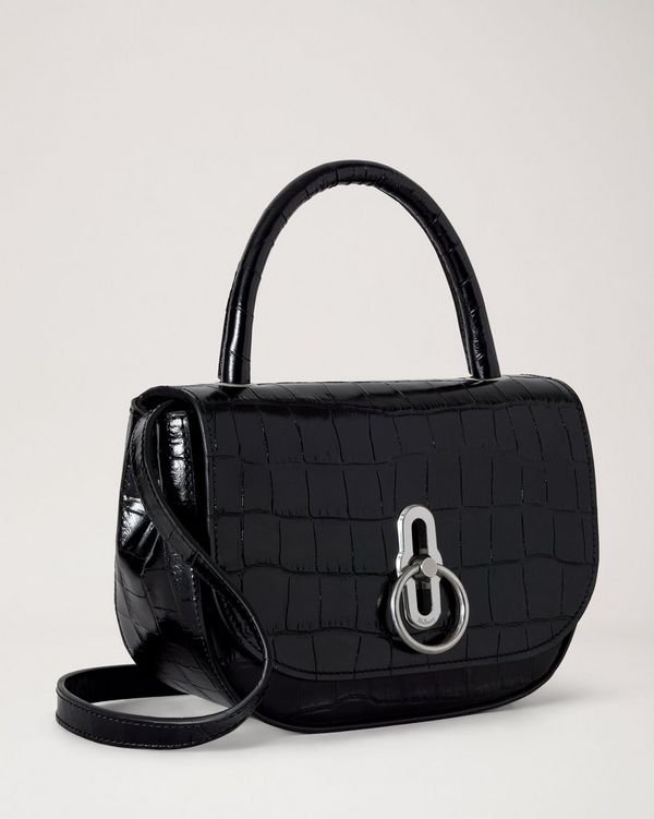 Mulberry | Small Amberley Top Handle | Black Shiny Small Croc