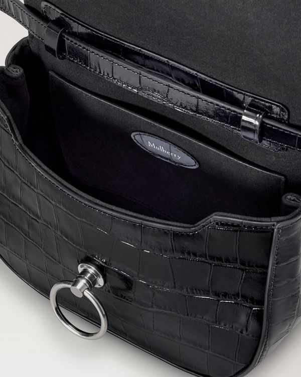 Mulberry | Small Amberley Top Handle | Black Shiny Small Croc
