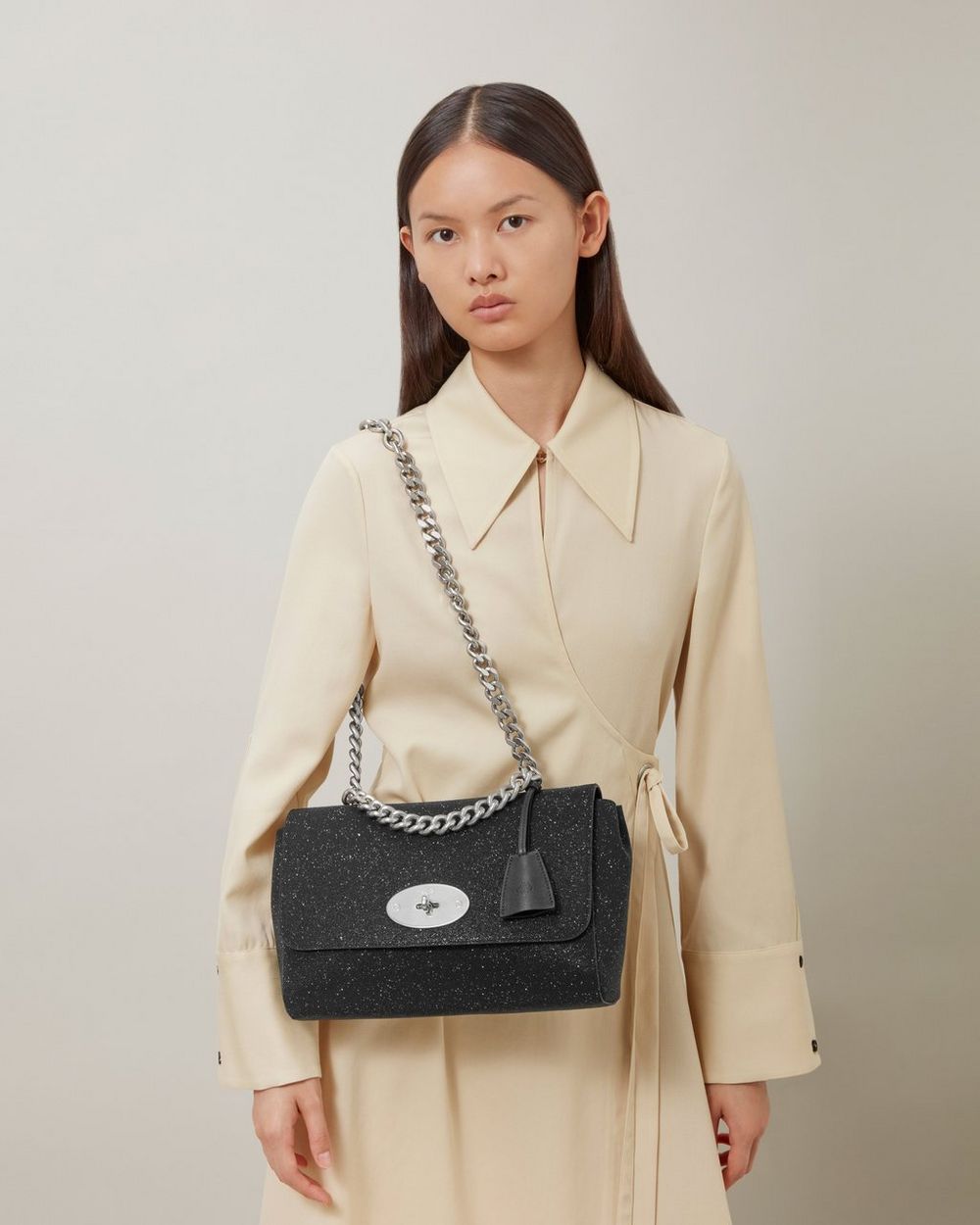 Medium Top Handle Lily Black Sparkling Crystal and Silky Calf Lily