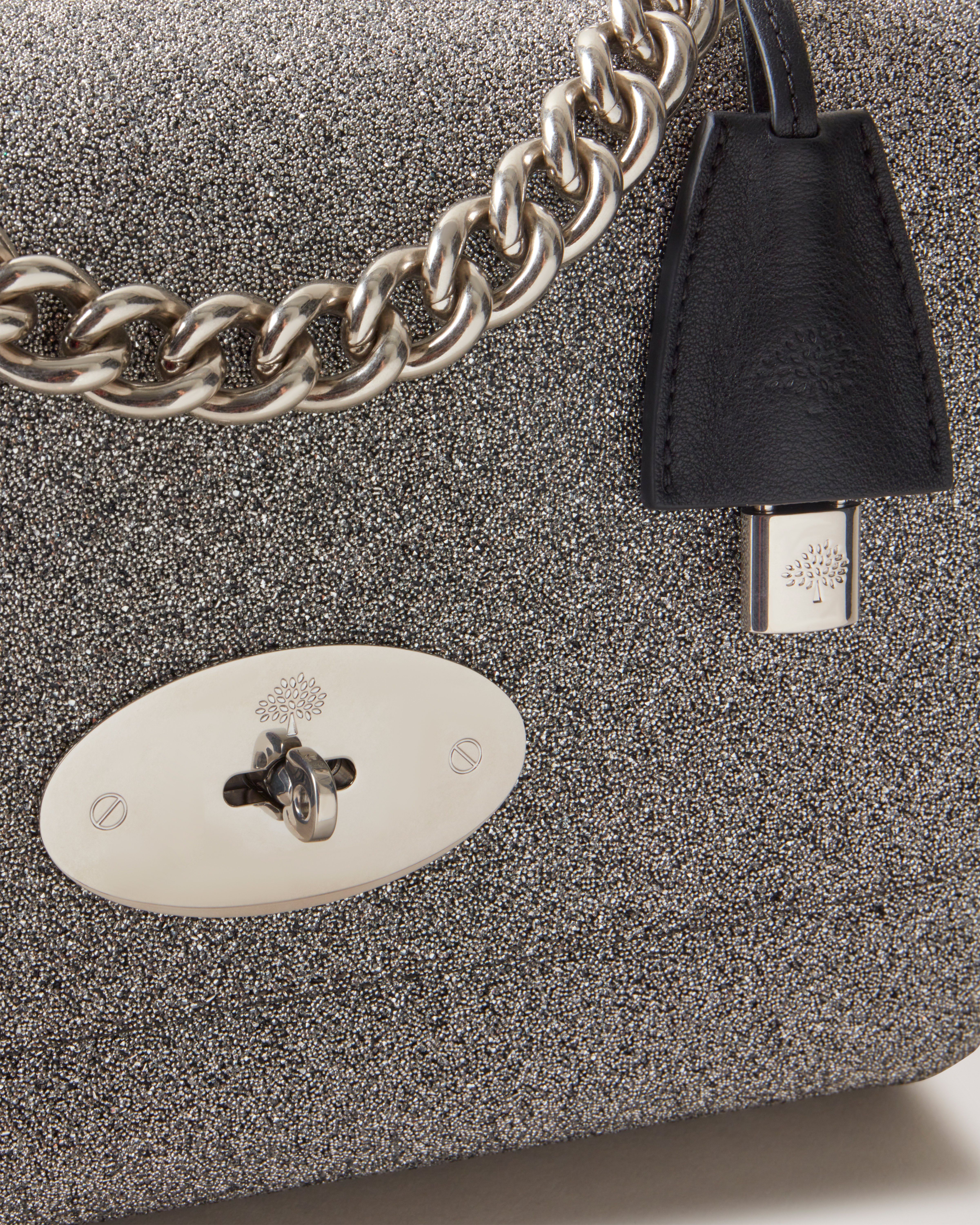 Medium Top Handle Lily Silver Sparkling Crystal and Silky Calf Lily