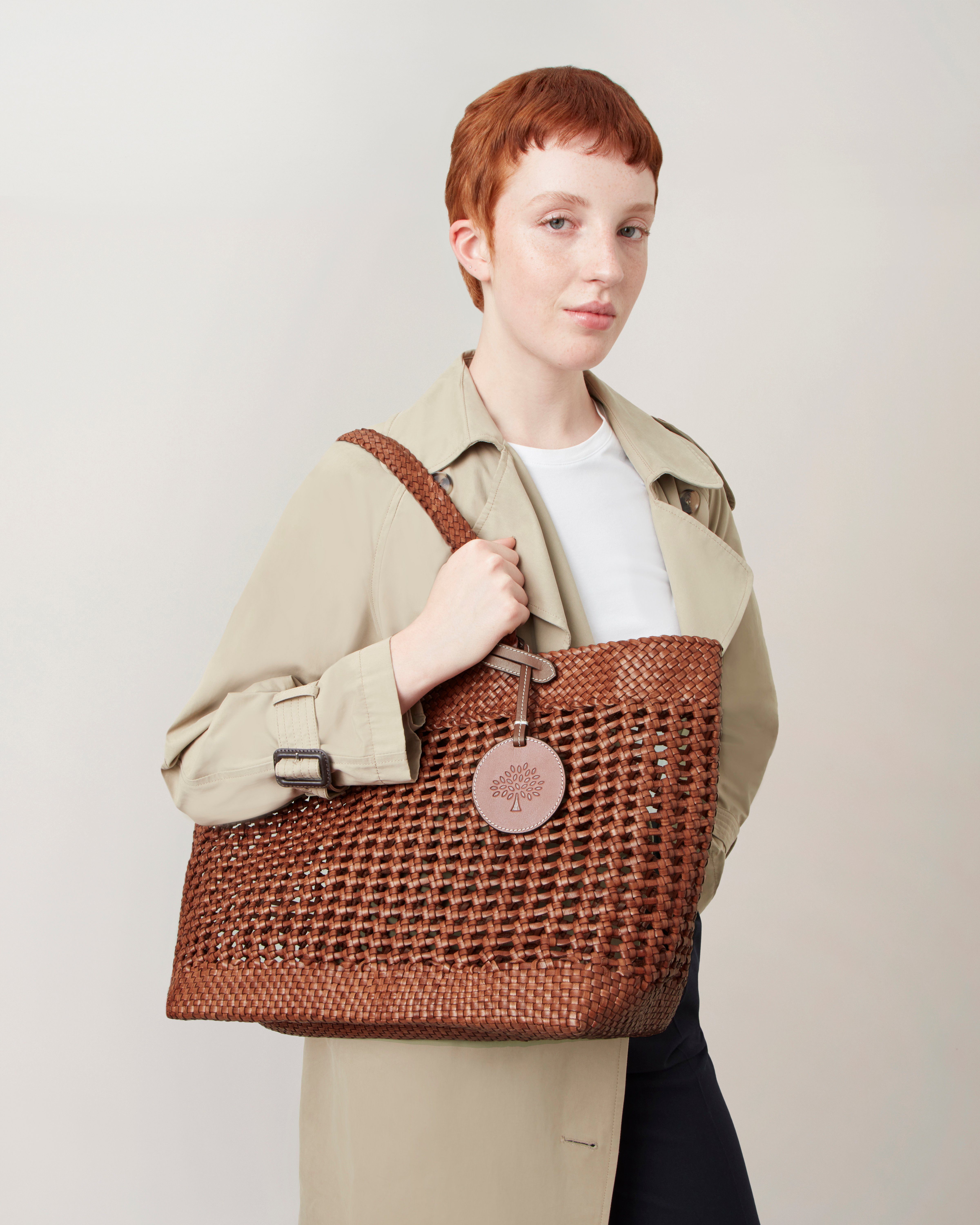 Large Woven Leather Tote, Vintage Oak Bovine Leather, Home