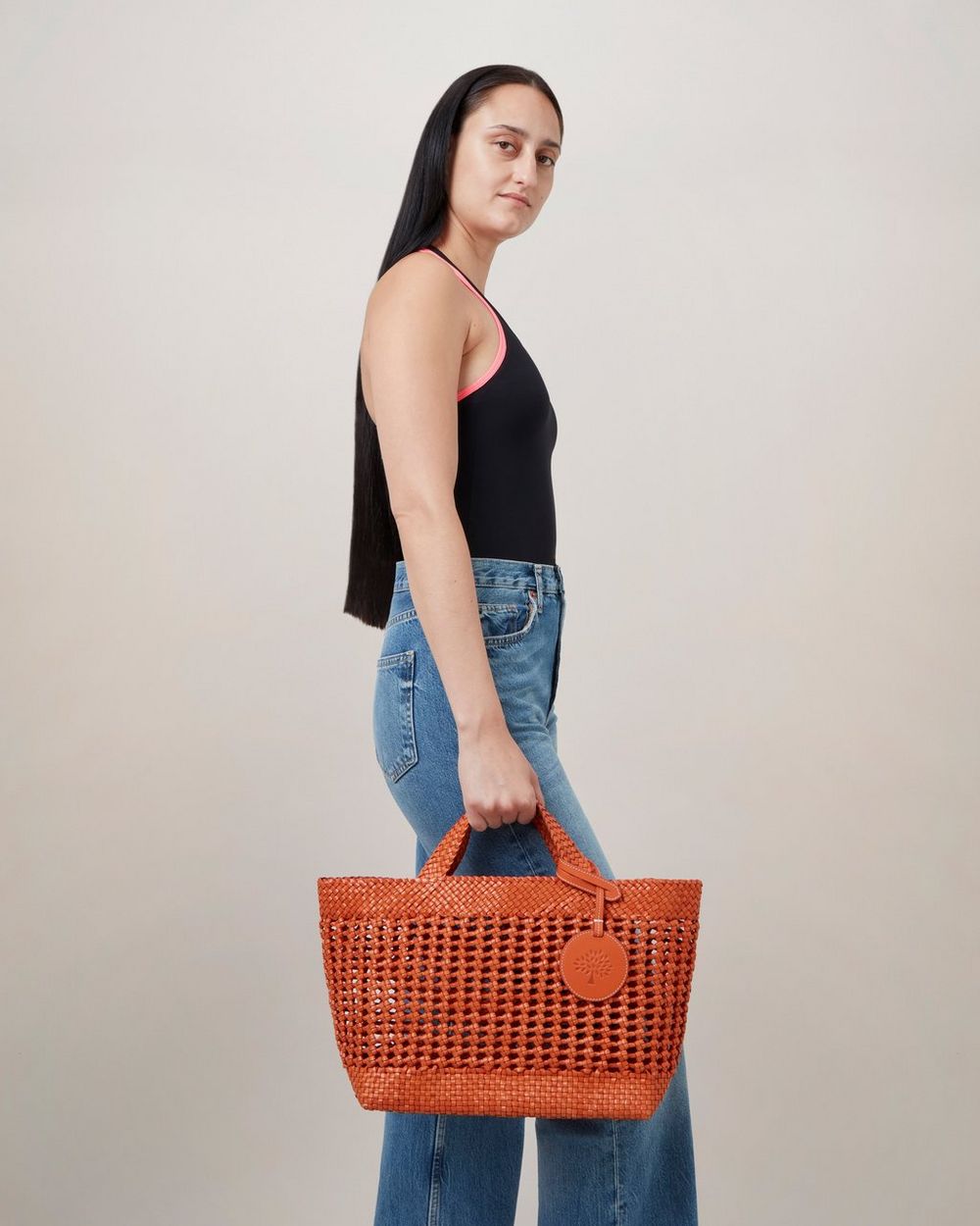 Small Woven Leather Tote, Mandarin Orange Bovine Leather, Summer Home  Capsule