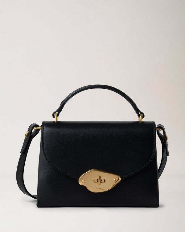 Small Lana Top Handle Black High Gloss Leather Women Mulberry