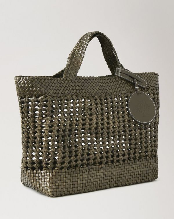 Small Woven Leather Tote Linen Green Bovine Leather Women Mulberry