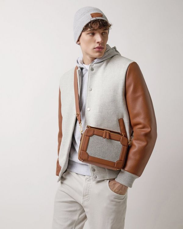 Mulberry x Eleventy Belgrave Crossbody Chestnut Grey Melange Heavy Grain Flannel Men Mulberry