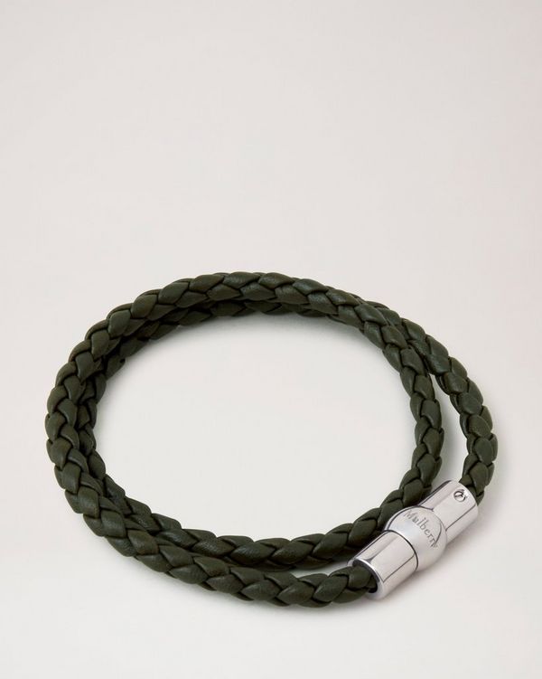 Iris Woven Leather Bracelet Dark Green Heavy Grain Stainless