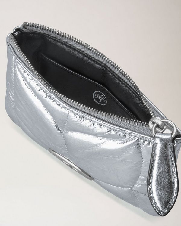 Softie Zip Coin Pouch, Silver Crinkled Metallic Leather