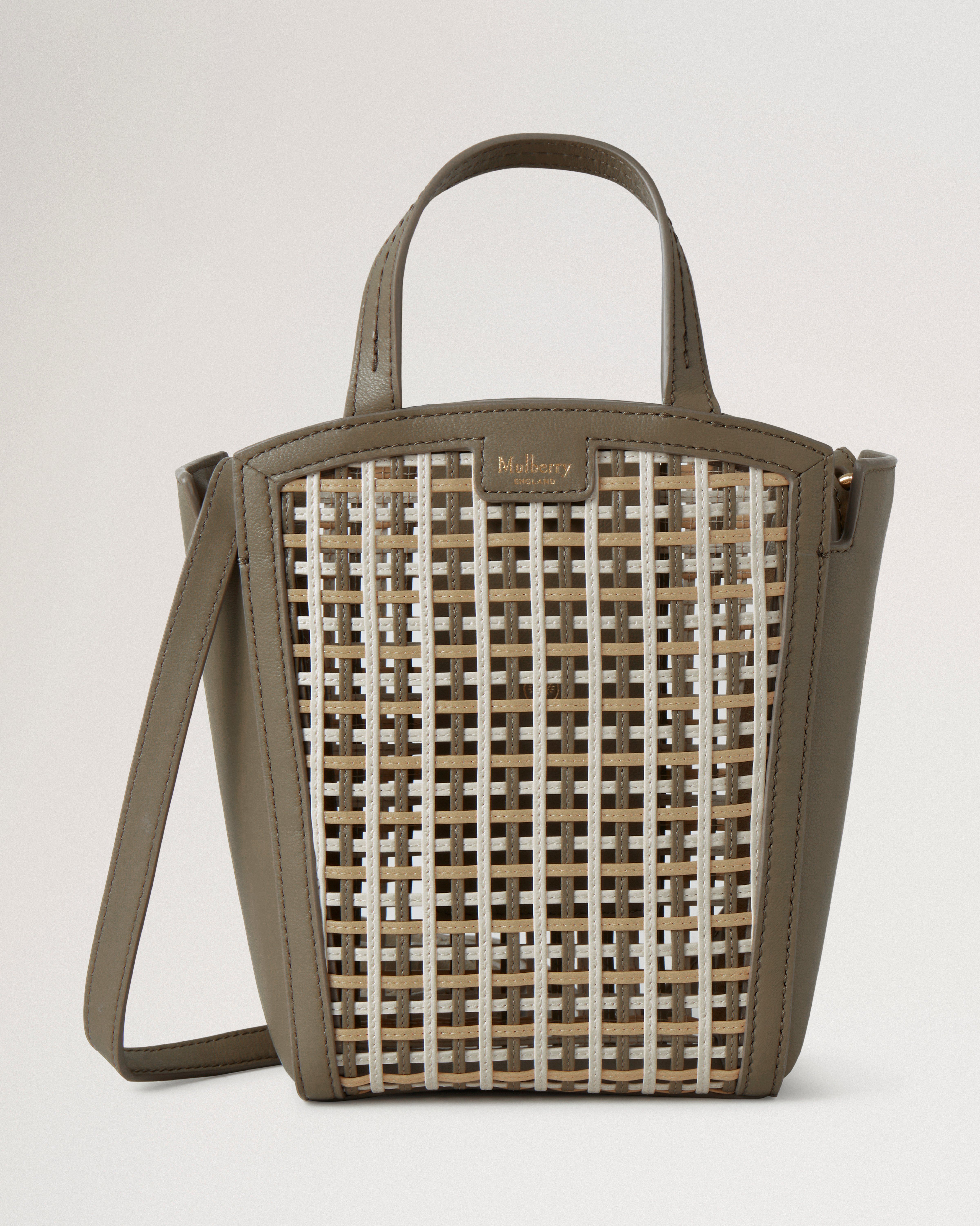 Clovelly Mini Tote Linen Green Beige Pine Eggshell Leather Netting Women Mulberry