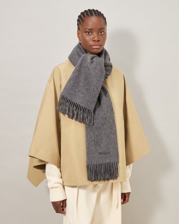 Mulberry | Solid Merino Wool Scarf | Grey Melange Embroidered