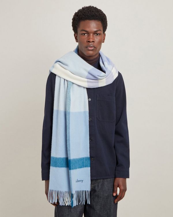 Mulberry | Large Check Merino Wool Scarf | Poplin Blue & White
