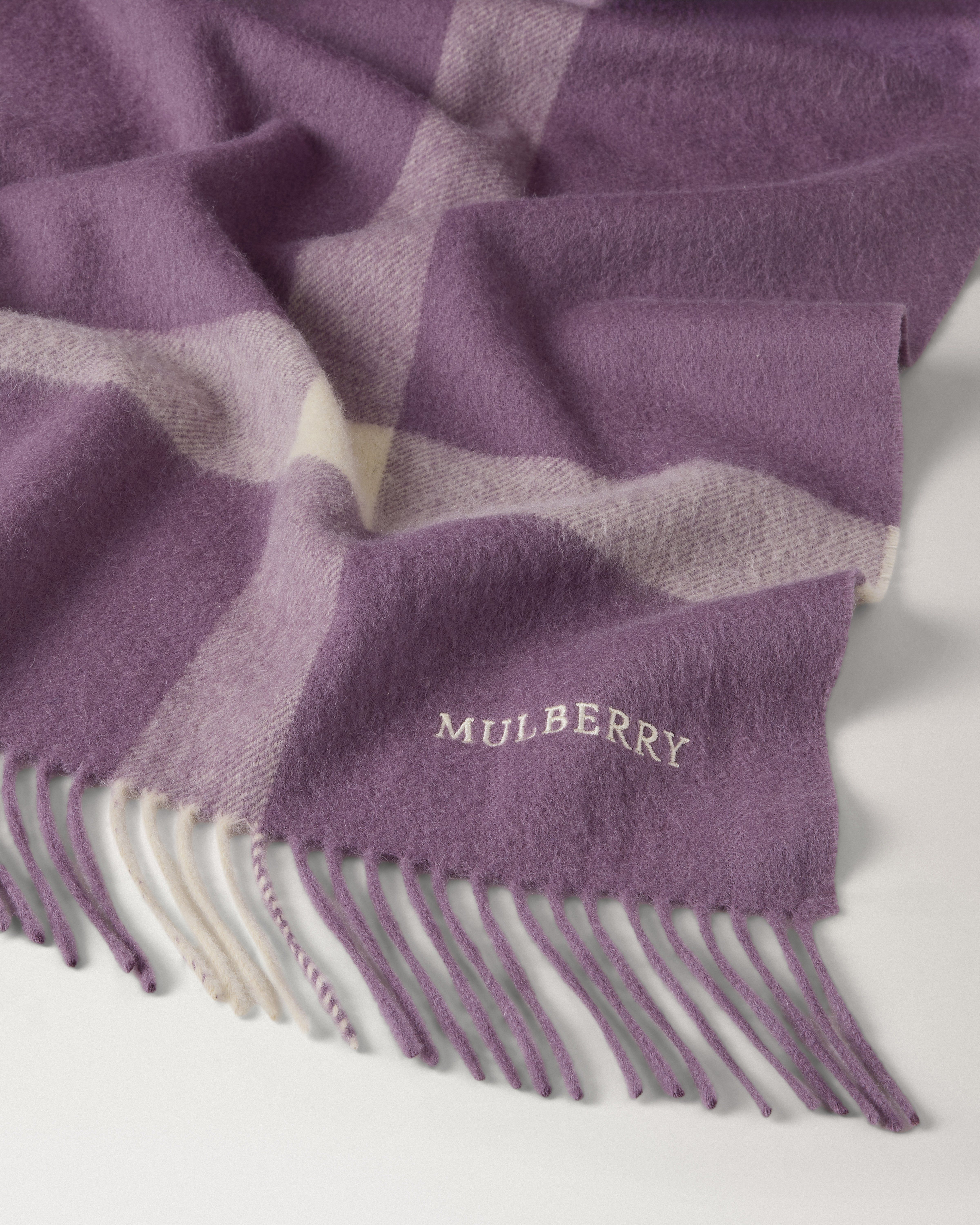Mulberry | Large Check Merino Wool Scarf | Dusky Mauve & Hazy Lilac ...