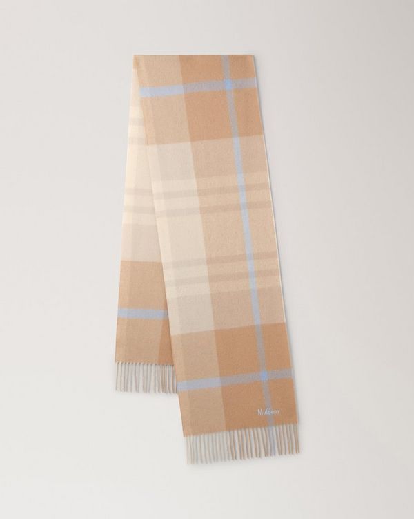 Mulberry | Small Check Merino Wool Scarf | Camel & Poplin Blue Merino Wool
