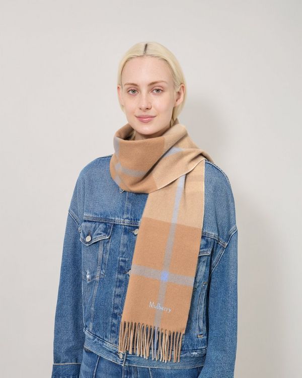 Mulberry | Small Check Merino Wool Scarf | Camel & Poplin Blue Merino Wool