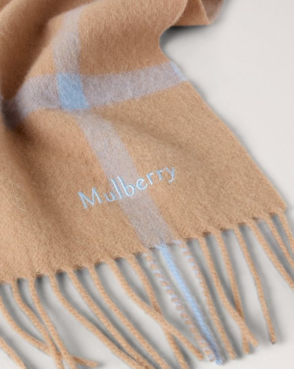 Mulberry | Small Check Merino Wool Scarf | Camel & Poplin Blue Merino Wool