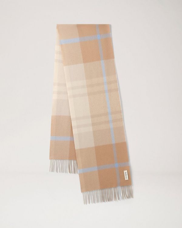 Mulberry | Small Check Merino Wool Scarf | Camel & Poplin Blue Merino Wool