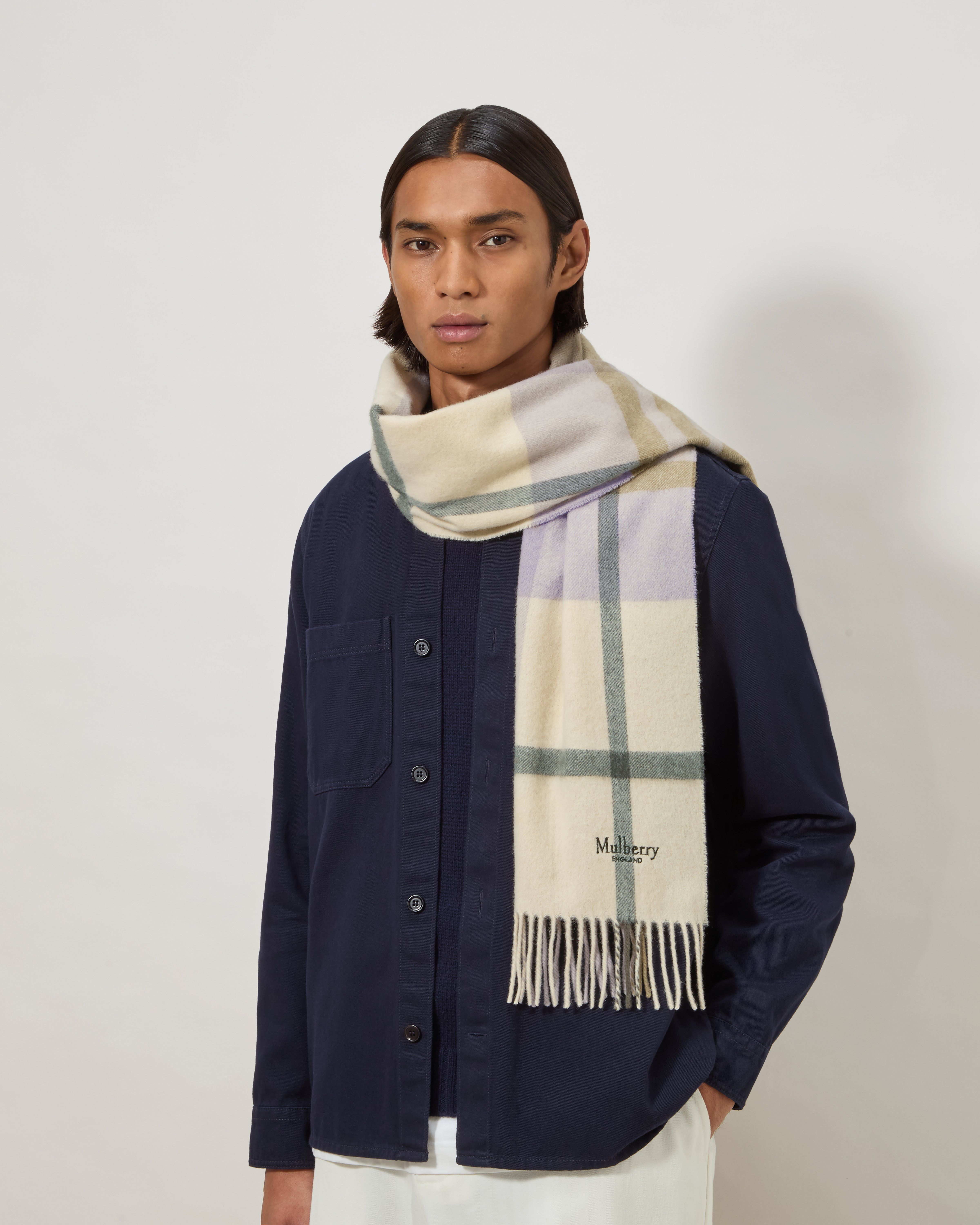 Mulberry | Small Check Merino Wool Scarf | Eggshell & Olive Merino Wool