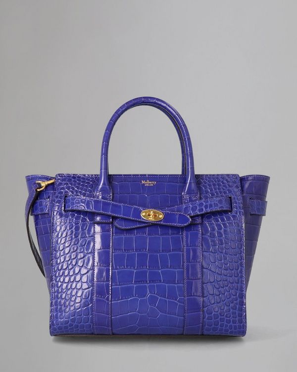 Small Zipped Bayswater Pre Loved Cobalt Blue Shiny Croc Pre Loved Bags Mulberry