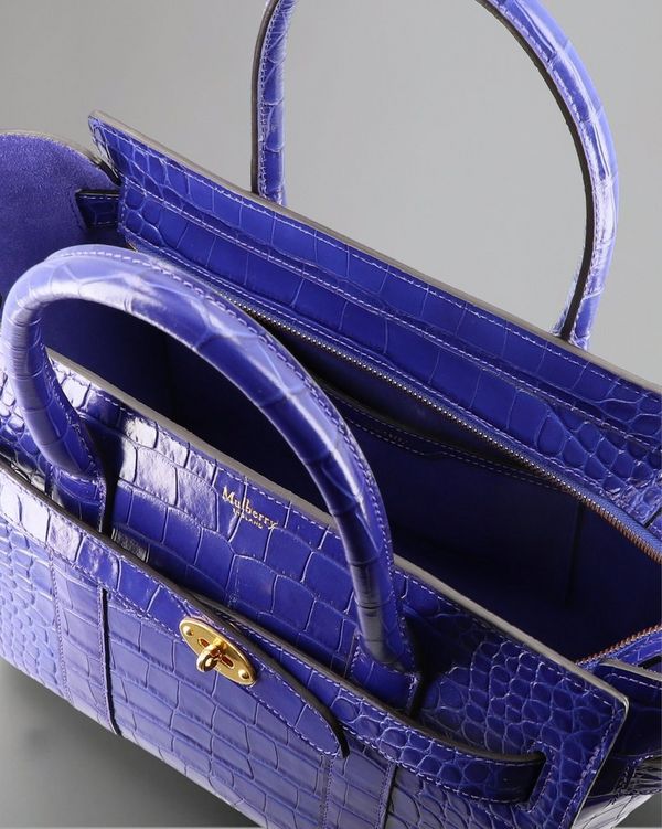 Small Zipped Bayswater Pre Loved Cobalt Blue Shiny Croc Pre Loved Bags Mulberry