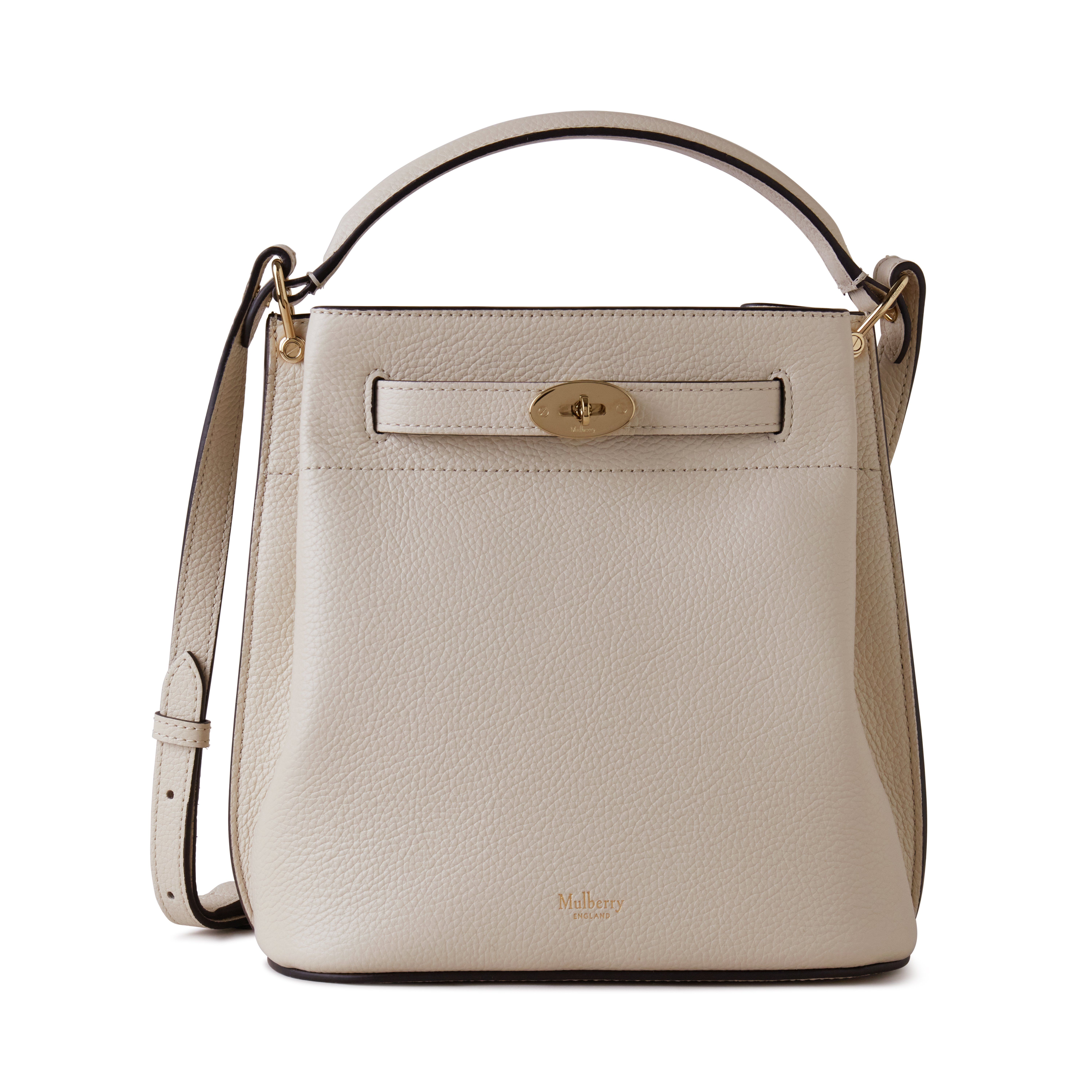 Mulberry 'islington Mini' White Bucket Bag With Turn-lock Closure And Logo In Chalk