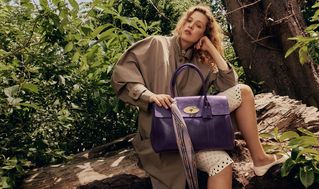 Sitting on tree log with beautiful Bayswater in Amethyst styled with Lilac skinny scarf
