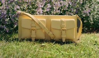 model wearing Mulberry mini Roxanne shoulder bag in sage green