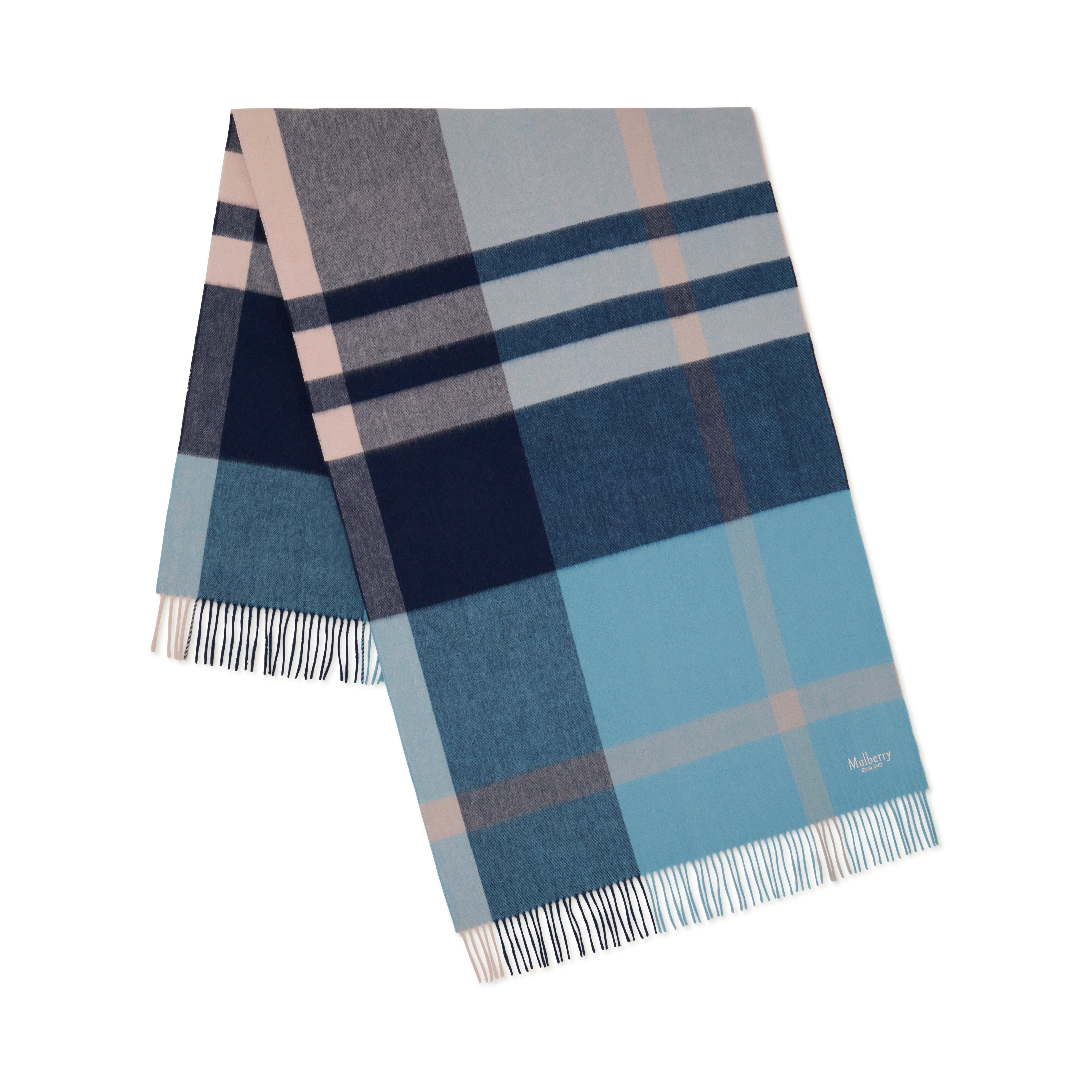 Mulberry Large Check Merino Wool Scarf In Kingfishblue-powdro