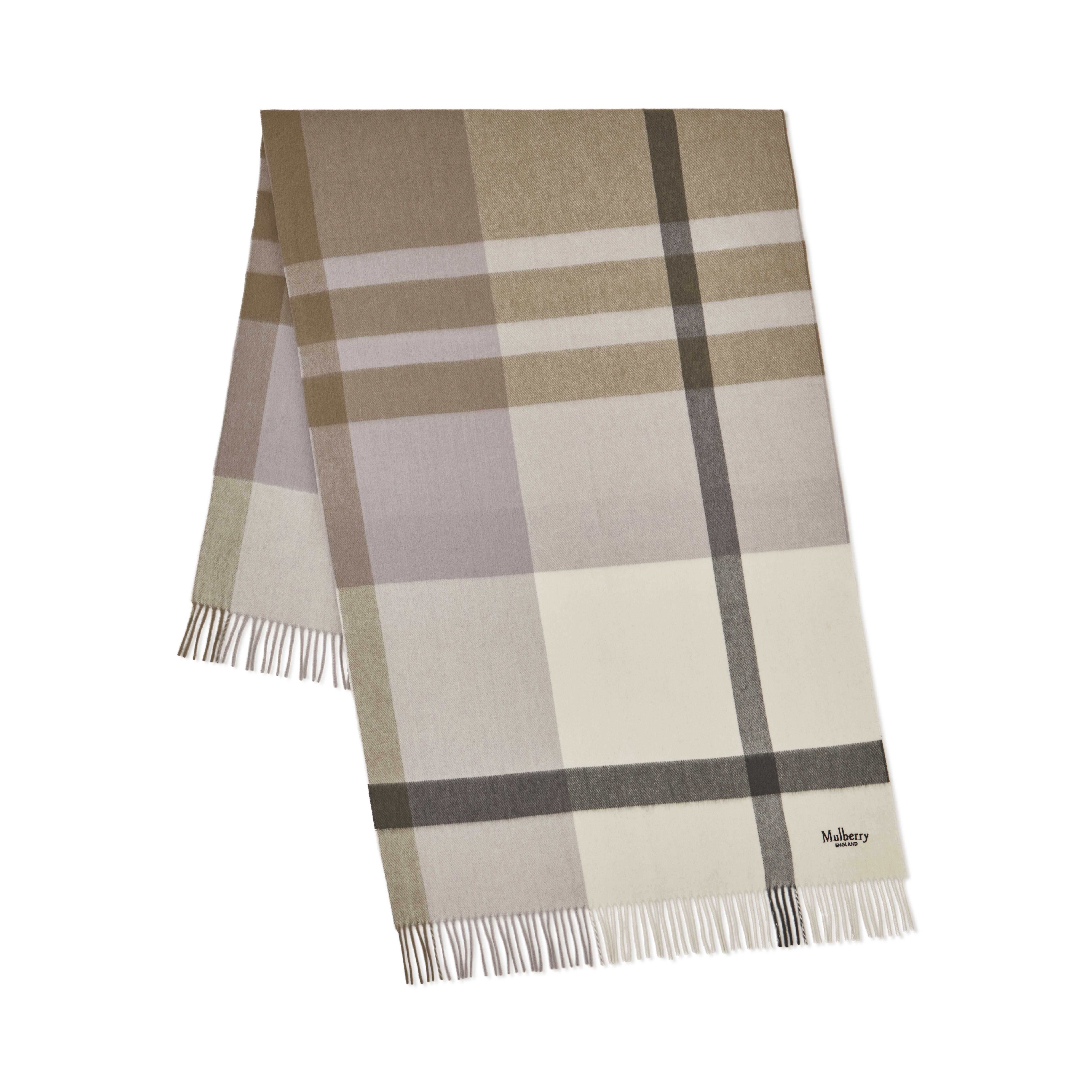 Mulberry Large Check Merino Wool Scarf In Eggshell-olive