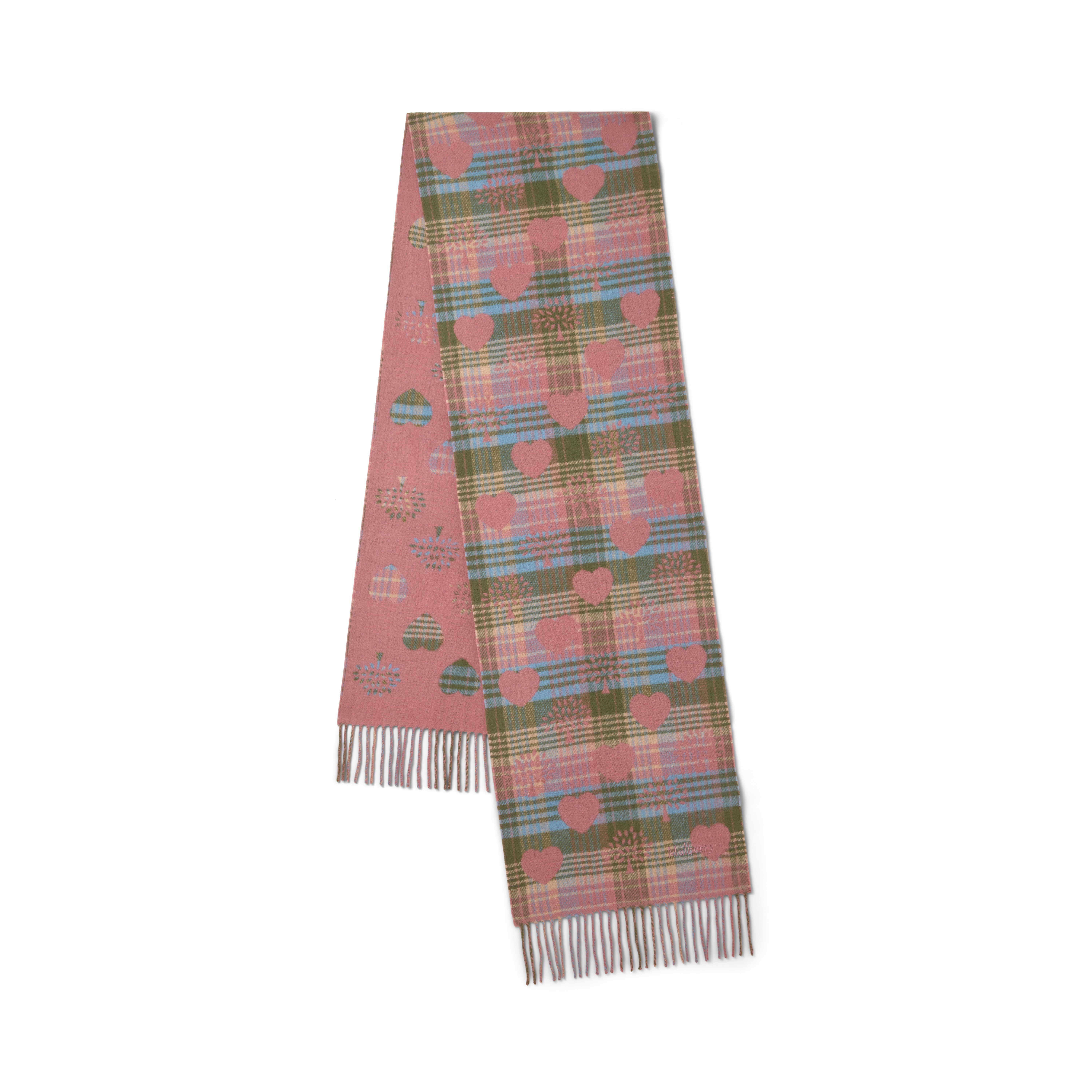 Mulberry Women's Heritage Check & Heart Scarf Moss-Pink Scrumpy