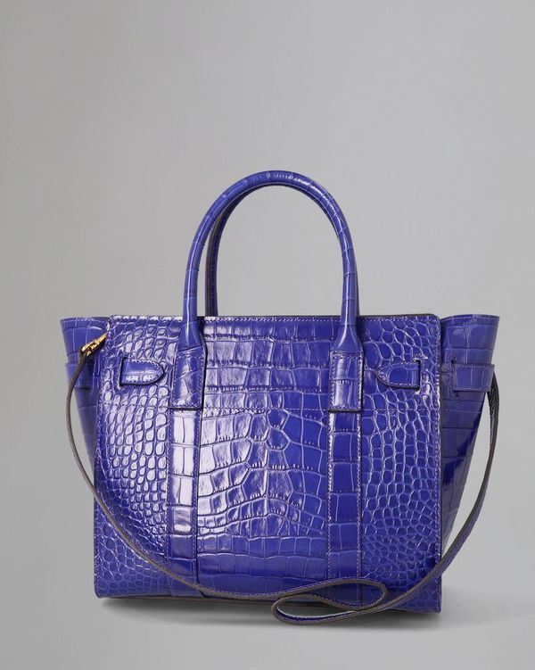 Small Zipped Bayswater Pre Loved Cobalt Blue Shiny Croc Pre Loved Bags Mulberry